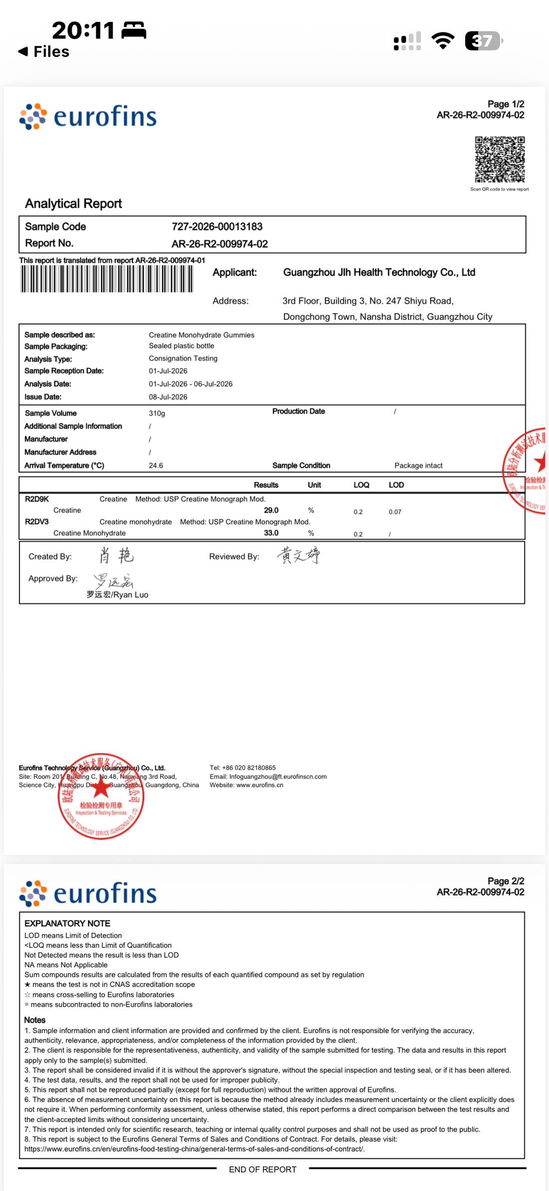 Eurofins Analytical Report confirming RawInstinct Supps Creatine Monohydrate Gummies passed independent third-party testing